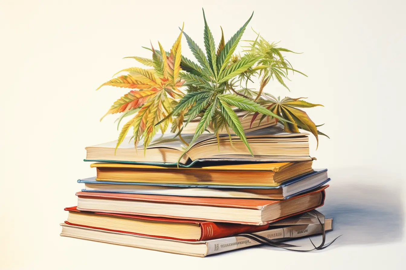 Auf einem Haufen von verschiedenen Büchern sind grüne Blätter einer Pflanze zu sehen, die Cannabis heißt.